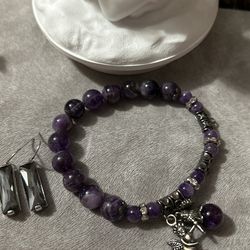 Beautiful! Amethyst Purple Stone Bracelet & Earrings Set 
