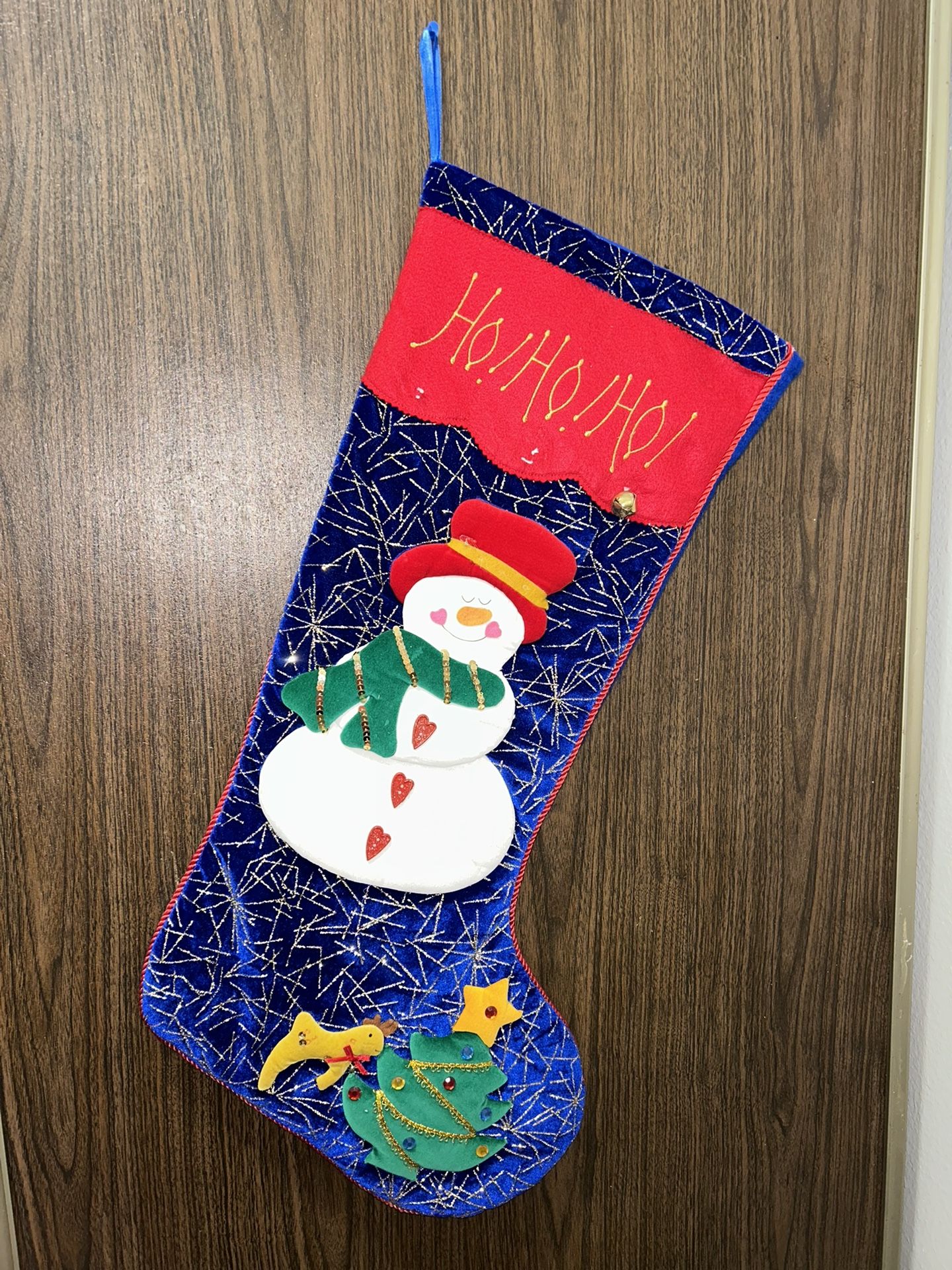 JUMBO Hohoho Completed Christmas Blue Stockings Snowman Green Three Holiday 28”