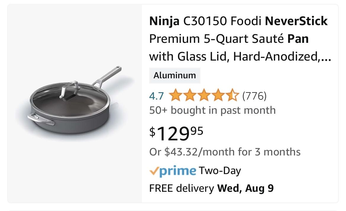 Ninja Foodi NeverStick Premium 5-Quart Saute Pan with Lid