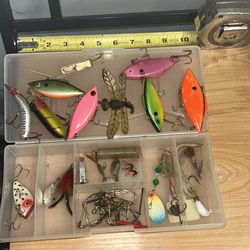 BOX  WITH   20  FISHING   LURES  AND  HOOKS