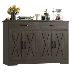47" Farmhouse Sideboard Storage Cabinets with 4 Doors & 2 Drawers, Cabinet for Living Room, Dark Brown  Ample Storage Space: 47" inches wid