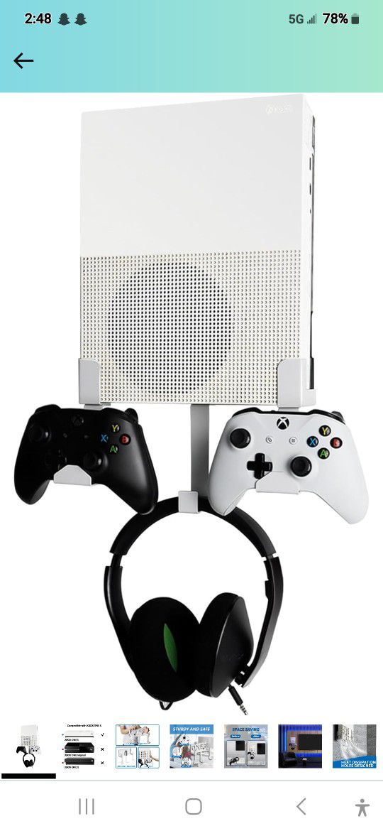  Metal Wall Mount Holder for Xbox One S with Detachable 2 Controller Holder & Headphone Hanger

