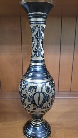 Vintage Brass Vase with Engraved Floral Design 12 inch