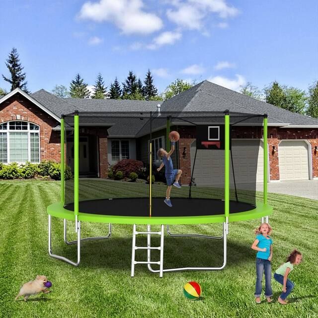 14FT Outdoor Trampoline with 🏀Basketball Hoop & Safety Enclosure Net, ASTM Approved Heavy Duty Recreational Trampoline for Kids & Adults, Perfect for