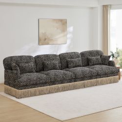 Target 131" Leopard Print Chenille 4-Seater Modular Sofa with Fringe Trim, Khaki