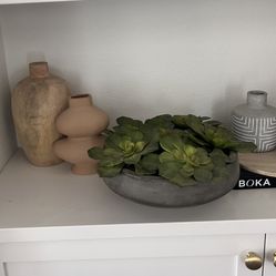 Faux succulent Arrangement With Stone basin 15 Inch Diameter