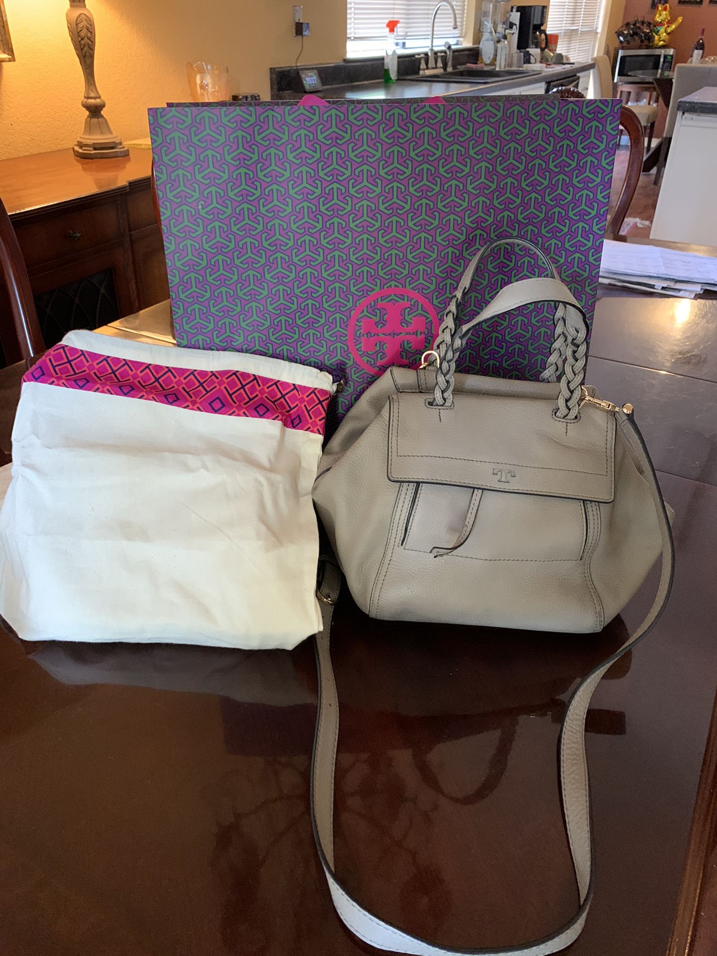 14x7x8. With straps up 12 inches high. AUTHENTIC TORY BURCH handbag purse  satchel style. Paid . Includes original dust bag and purchased bag. R  for Sale in Buda, TX - OfferUp