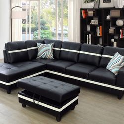 🌟GORGEOUS Black Sectional Sofa Set w/ Ottoman (Left Chaise)💥FREE FINANCING AVAILABLE 👉 NO CREDIT CHECK 👉0 DOWN PAYMENT 