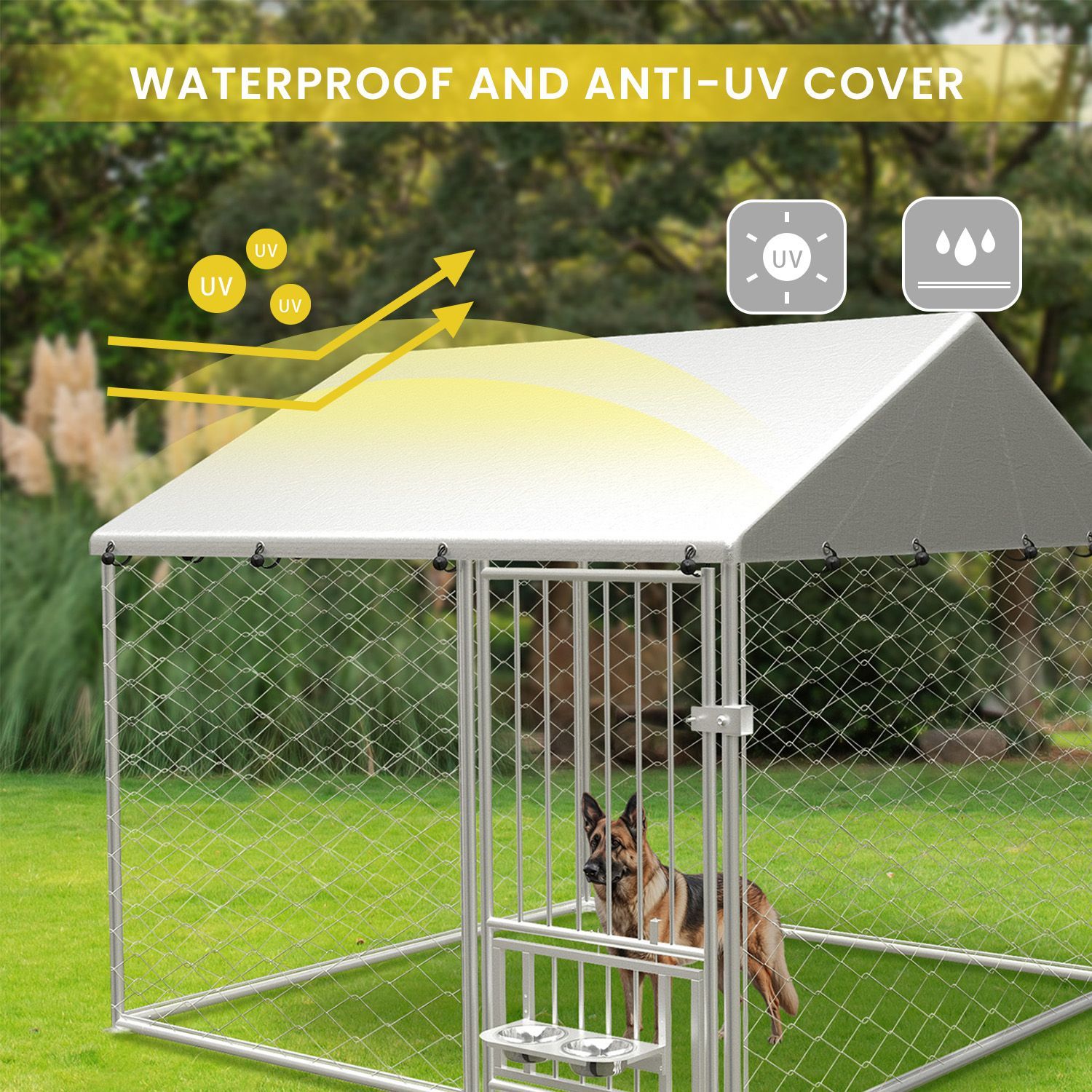 Large outdoor kennel, heavy duty outdoor fenced dog cage with swivel feeder, outdoor dog playpen with waterproof UV protection cover and safety lock,6