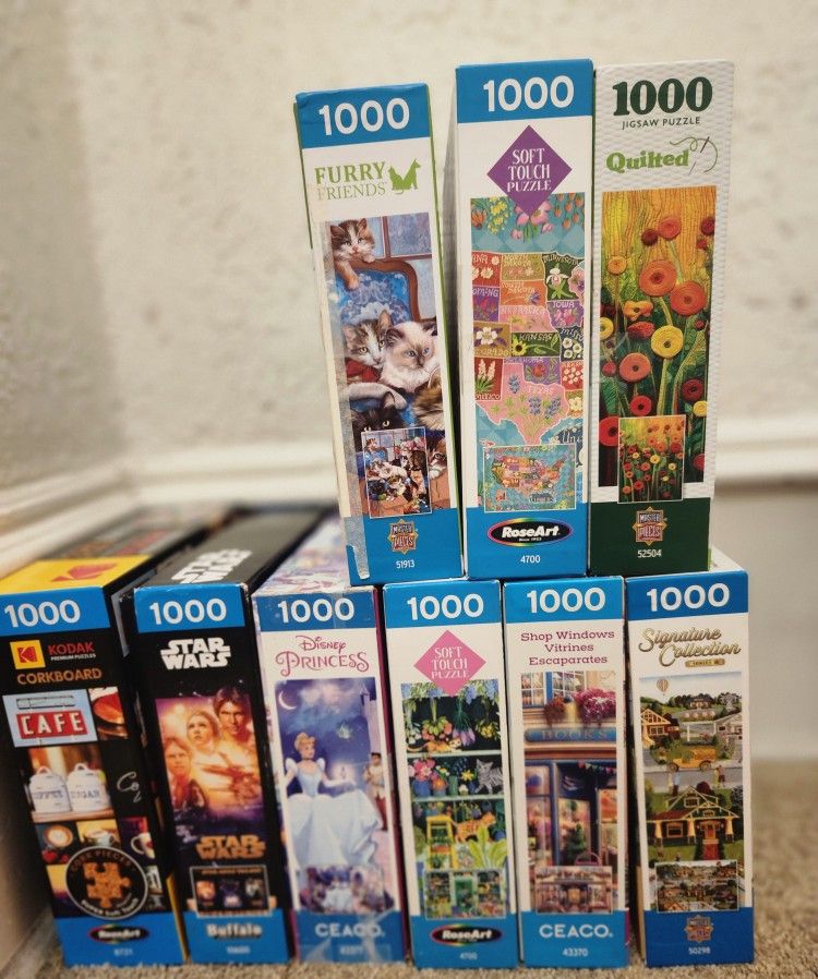 Various 1000 piece puzzles ($5 each) with completed picture 