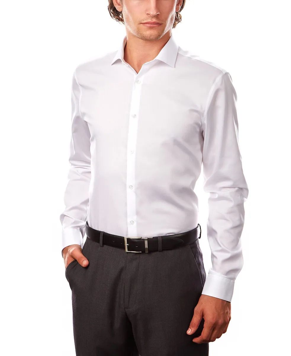 Calvin Klein Men's Dress Shirt Xtreme Slim Fit Non Iron Herringbone, White, 36-37 