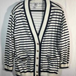 Anne Klein by Sadimara Women Black White Striped Long Sleeve Cardigan Cotton Large