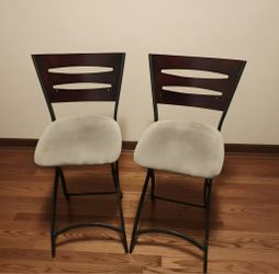 Pair of Folding Bar Stools – Dark Wood Ladder Back with Beige Upholstered Seats