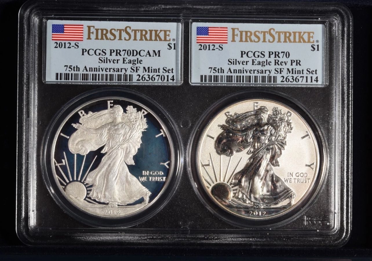 2 Coin Set • 2012 S American Silver Eagle • San Francisco Reverse Proof with OGP Box • 75th Anniv First Strike Label • PCGS PR70 Deep Cameo