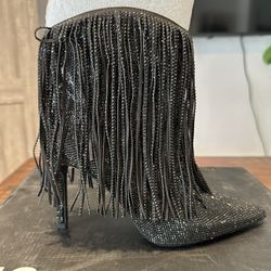 (NEW) INC Womens 6 M Black Bling Sahoj Western Fringe High Heel Ankle Booties 
