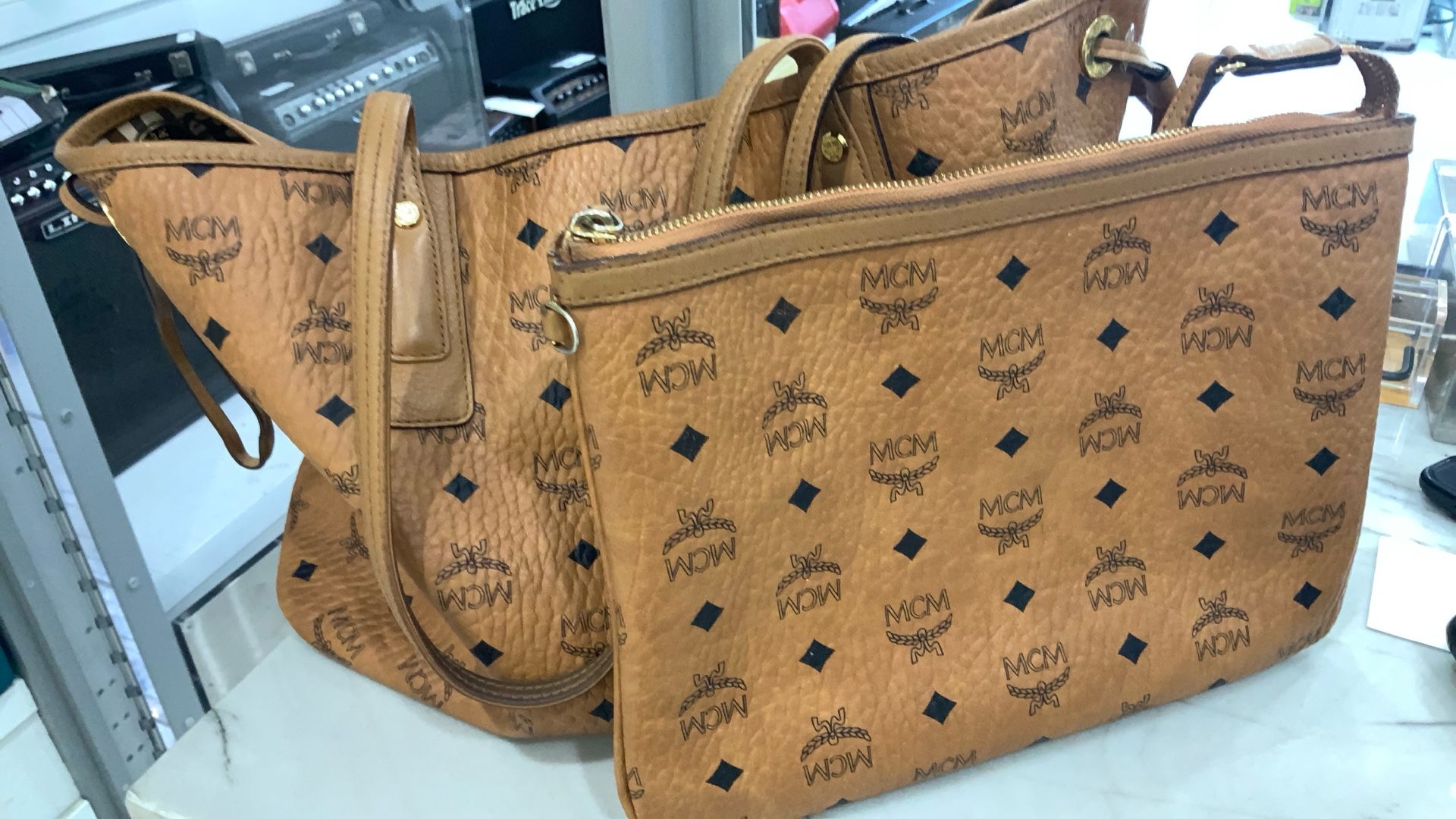 MCM Visetos Liz Medium Shopper Tote With Matching Pouch Cognac