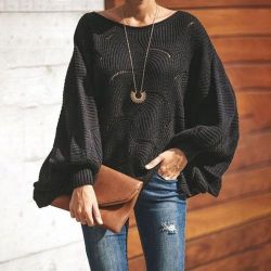 Women's Oversized Lantern Sleeve Pointelle Knit Sweater