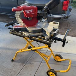 Milwaukee Dual Bevel Compound Sliding 12in Miter Saw w/ Rolling Dewalt Miter Saw Stand