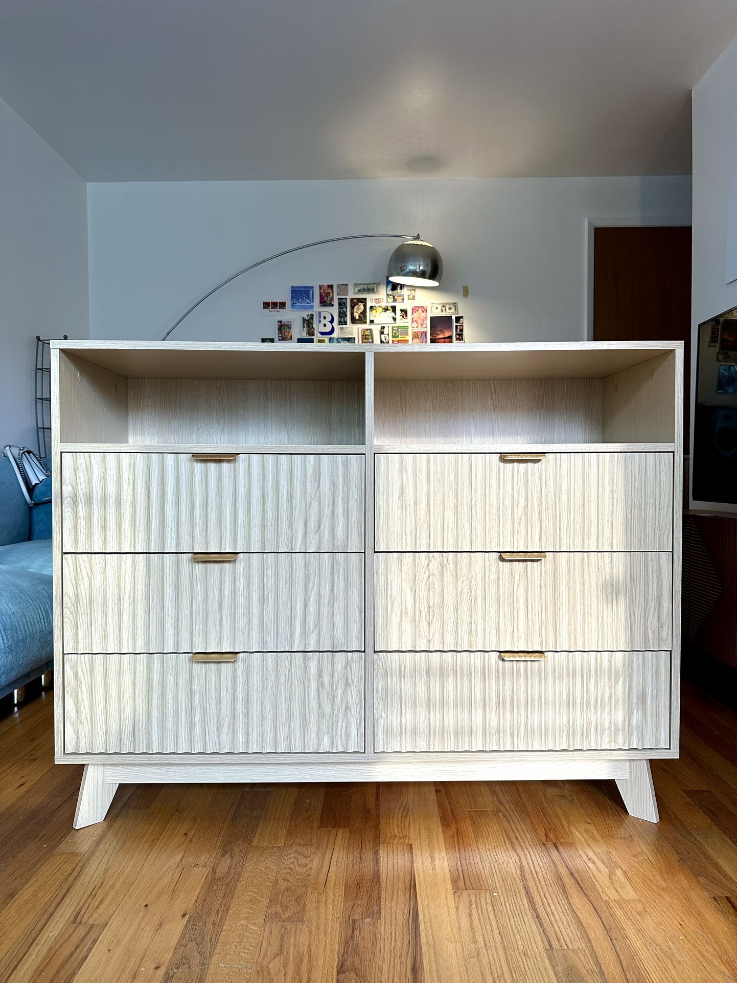 Large Fluted Natural Wood Boho Dresser with 6 Drawers