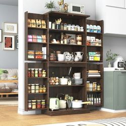 71" Tall Farmhouse Kitchen Pantry with 12 Side Shelves & Adjustable Shelves, 5 Layers Pantry Storage Cabinet w/Load-Bearing Steel Pipe & 4 Barn Doors 