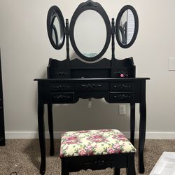 black wood vanity desk with mirrors