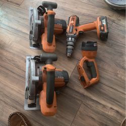2 Saws A Flashlight And Drill Two Batteries And Charger