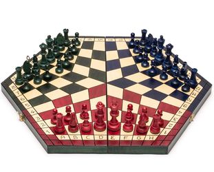 Husaria Wooden Three-Player Chess Set – 21" Foldable Hexagonal Board with Hand-Carved Tri-Color Pieces & Felt Storage