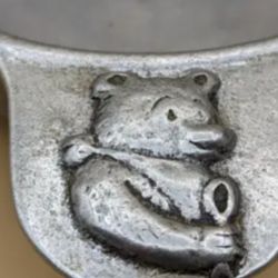 Vintage Carson Pewter Baby Bowl With Teddy Bear Handle and spoon