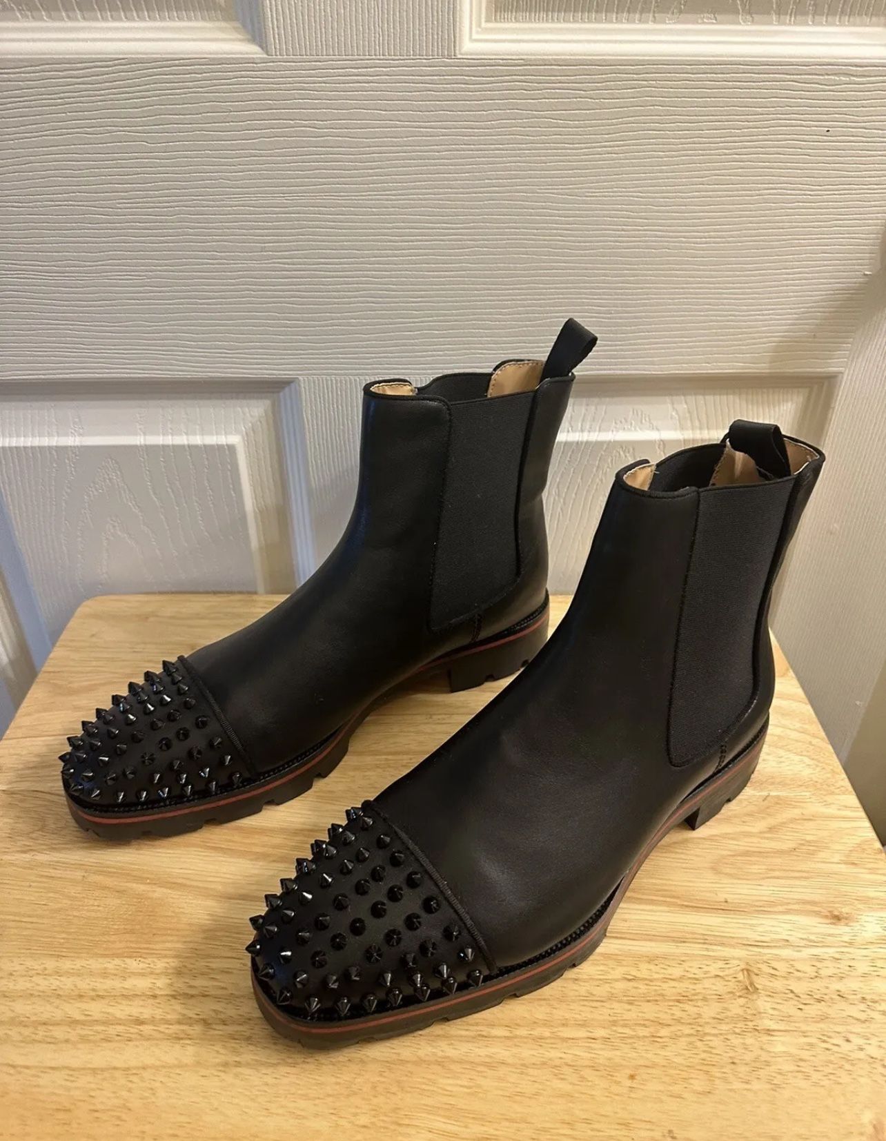 New Christian Louboutin Men Melon Spikes Calf Leather Black Boots 44 