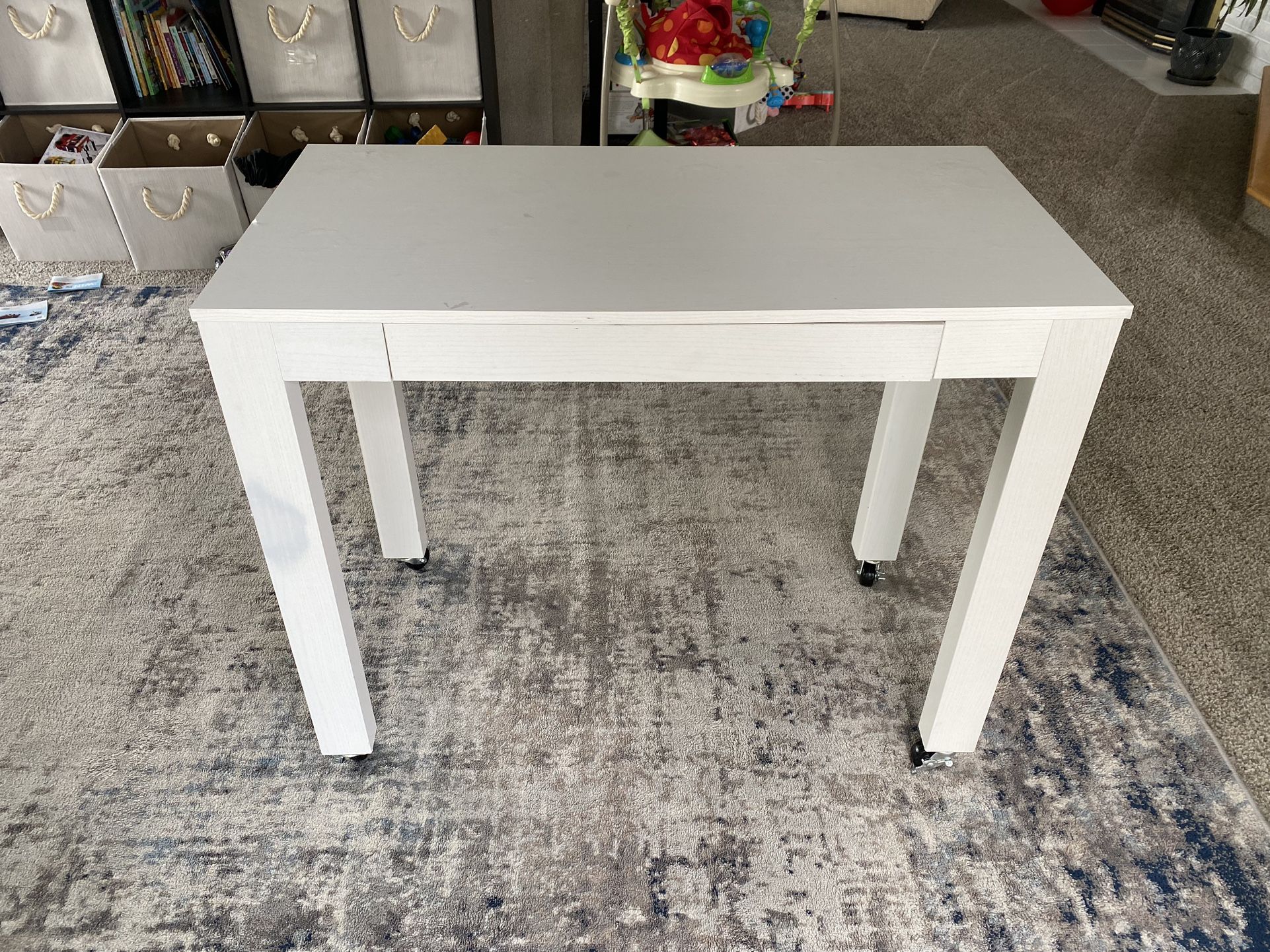 White Desk With Drawer & Wheels