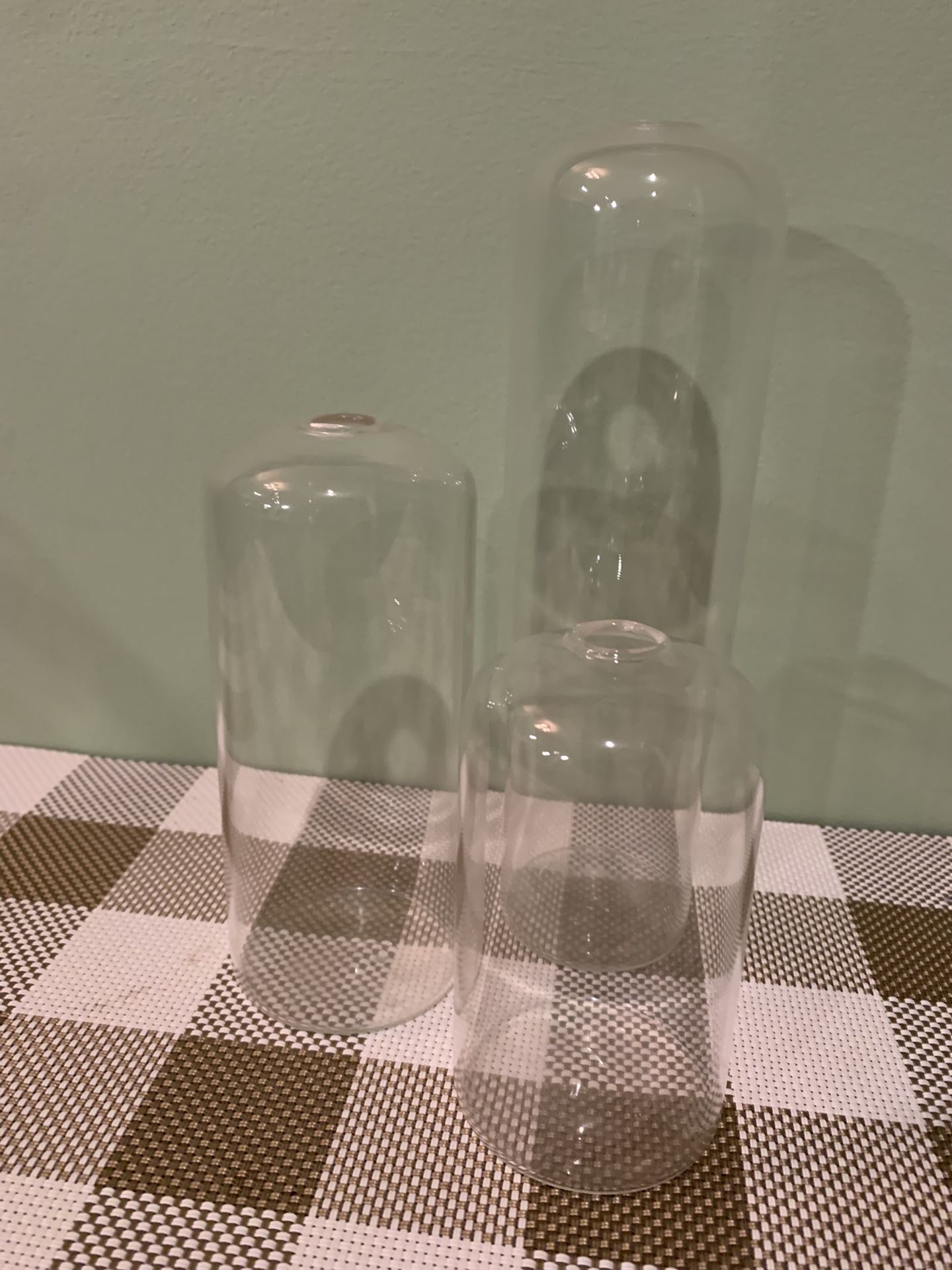Set Of 3 Glass Bud Vases With Bottle Type Shape & Small Opening On Top To Insert Flowers Or Use For Crafting