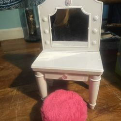 Light-up Doll White Vanity with matching pink furry Stool