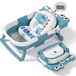 Foldable Baby Bathtub for Newborns — Collapsible Baby Tub with Thermometer, Soft Floating Cushion, and Drain Plug — Portable Travel Bathtub for Babies