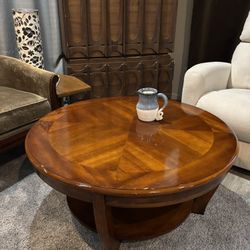 Solid Wood Round Coffee Table With Shelf Underneath.