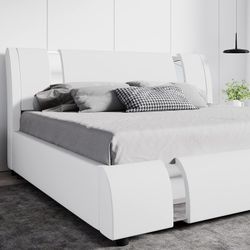 A54 $210  King Size Bed Frame with Iron Pieces Decor and Adjustable Headboard/Deluxe Upholstered Modern Platform Bed with Solid Wooden Slats Support/N