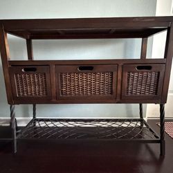 Console table + 2 tall basket towers (wood/metal/wicker)