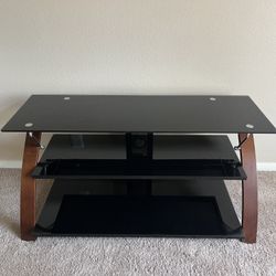 Modern Black and Brown TV Stand with Black Glass Shelving