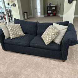 Navy Sofa (90”) And Matching Chair With Ottoman & 2 Pillows 