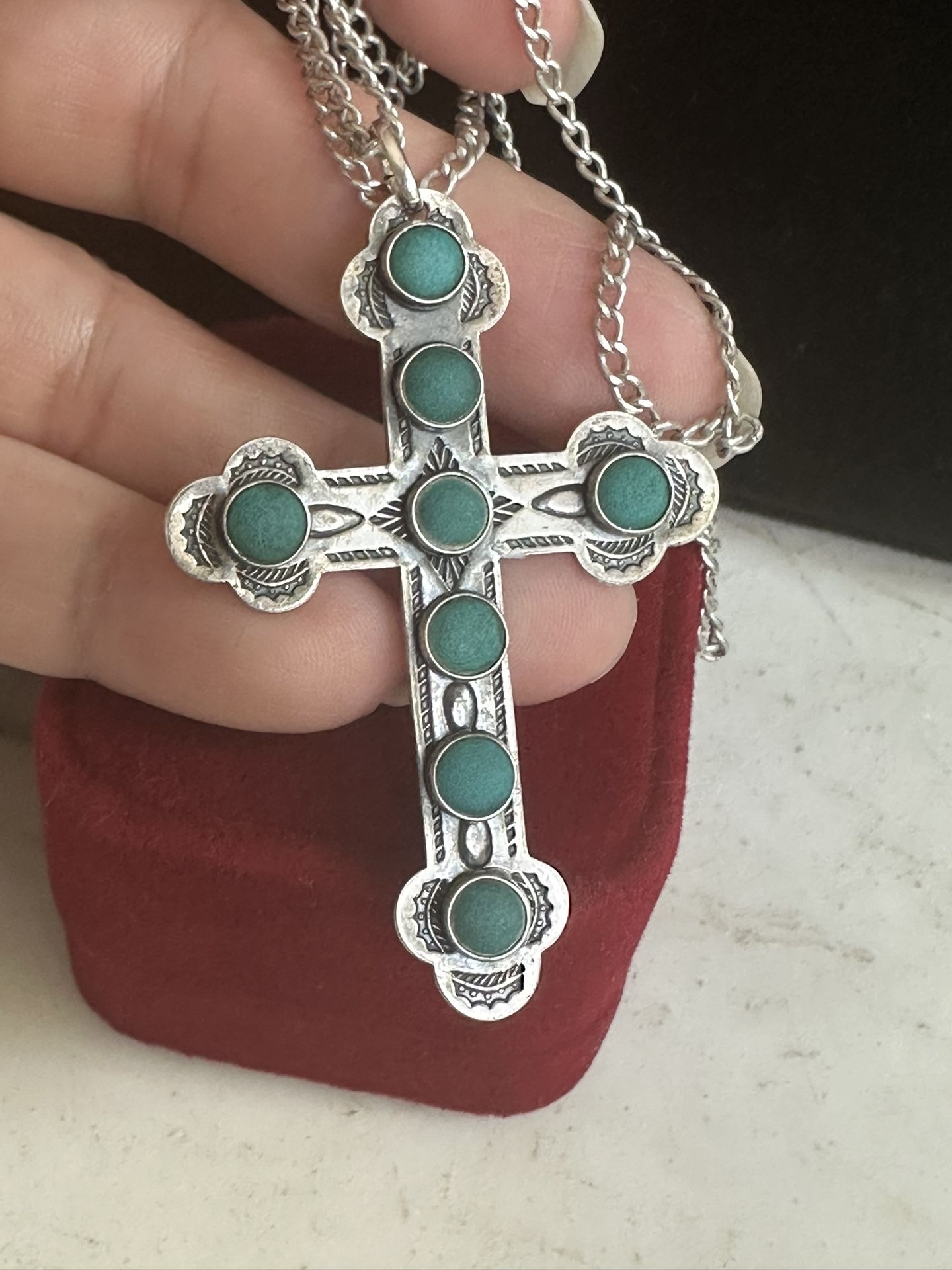 Vintage Large 925 Sterling Silver W/ Genuine Turquoise Cross Necklace , Native Am. Embossed, Marked Sterling , 925 26 In Chain, 2.25 In. Long