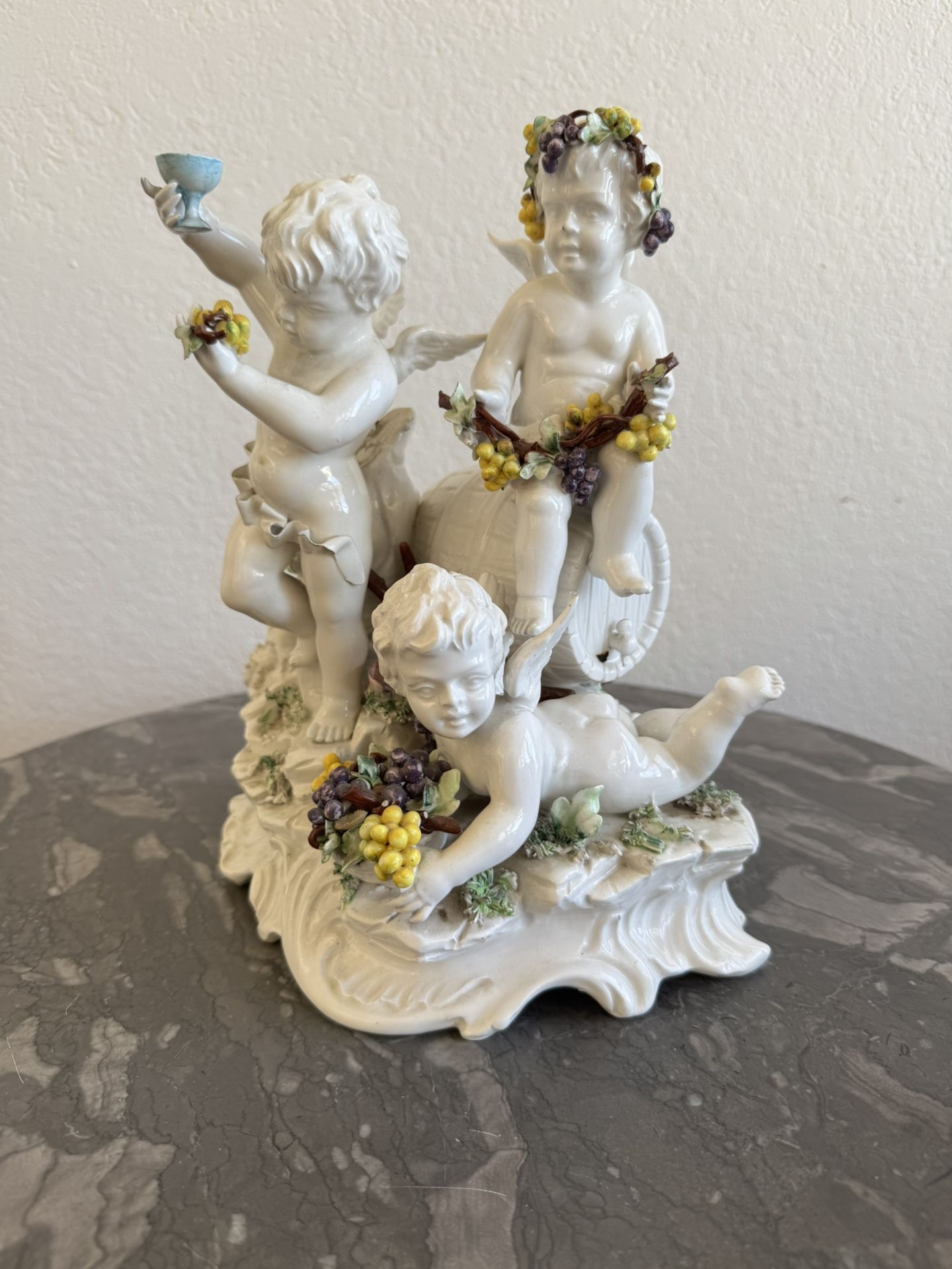 Vintage Porcelain Cherub Figurine – Bacchus Harvest Scene with Grapes & Goblet