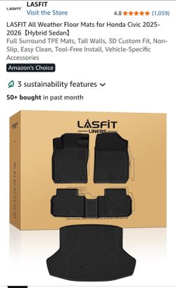 LASFIT All Weather Floor Mats for Honda Civic 2025- 2026 [Hybrid Sedan) Full Surround TPE Mats, Tall Walls, 3D Custom Fit, Non- Slip, Easy Clean, Tool