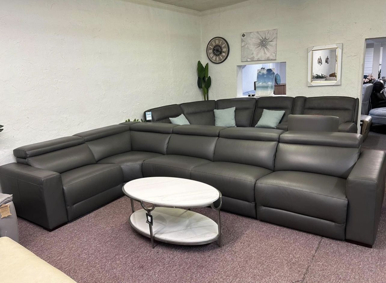 Furniture- 5 Pc 100% Real Leather Sectional With 3 Power Recliners- Nevio