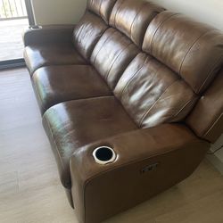 Almost New Leather Recliner Sofa with Power Outlet & LED Lights 