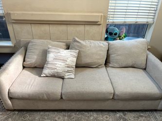 Beige 3-Seat Fabric Sofa with Nailhead Trim