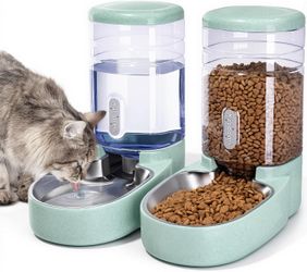 Kacoomi Gravity Pet Feeder & Water Dispenser Set Green Stainless Bowls 1 Gal