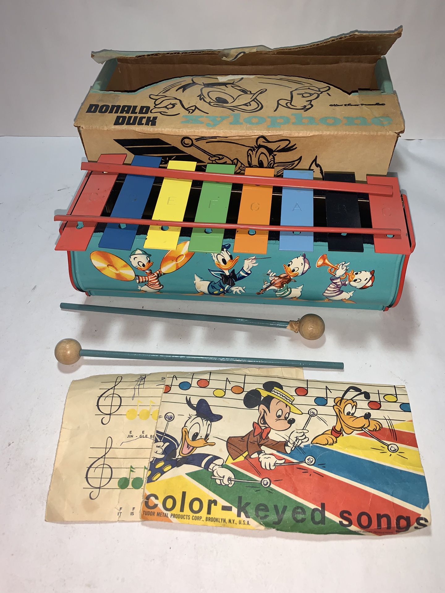 1950's Vintage Disney Donald Duck Xylophone Original Tin Walt Disney World Tudor with original box and music