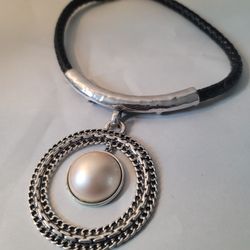Fuax Braided Leather Womens Necklace with Pendant Silver Tone
