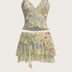 2pc green floral print skirt set