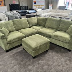 Sage Green Sectional W/ Ottoman 