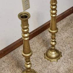 Pair Brass Candlesticks, European Or Middle Eastern. Vintage 1950s. Curio Values Pair @ $250